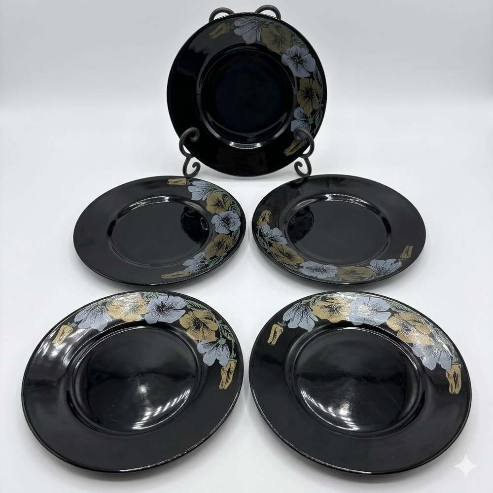 Arcoroc France Black Glass Julie Floral Salad Plates 7.75” Set of 4